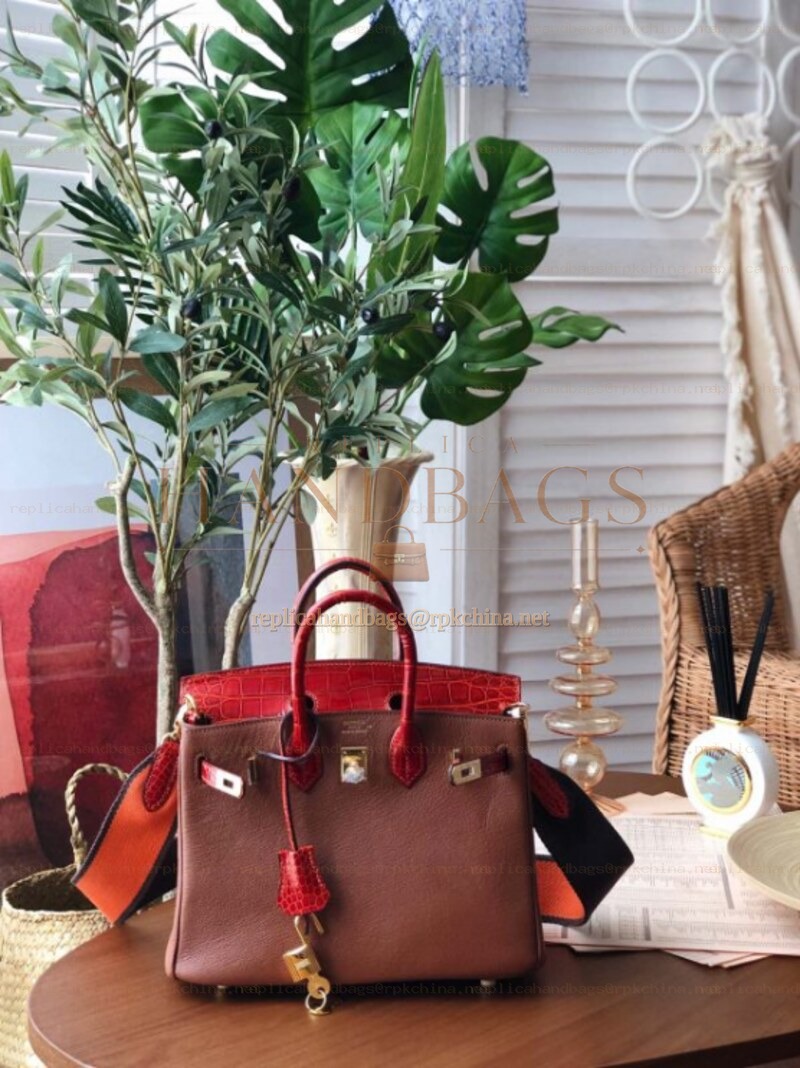 Replica Hermes Brown Red Birkin 25 Gold Hardware Bag