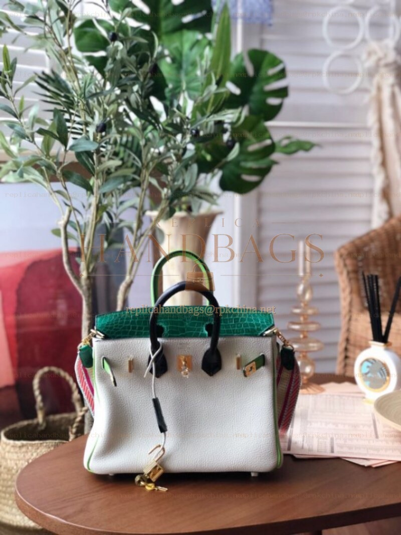Replica Hermes White Green Birkin 25 Gold Hardware Bag