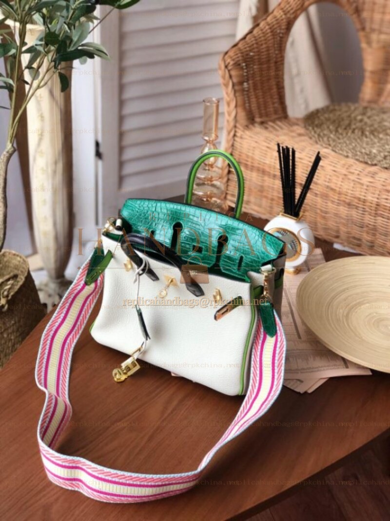 Replica Hermes White Green Birkin 25 Shoulder Strap Bag