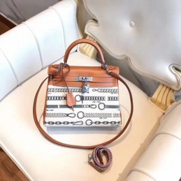 Replica Hermes White Black Print Kelly 28 Bag