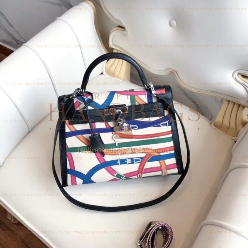 Replica Hermes White Multicolor Print Kelly 32 Bag