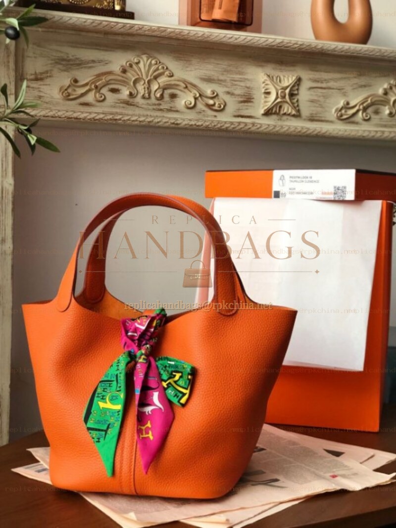 Replica Hermes Orange Green Twilly Picotin Lock 22 Bag