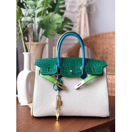 Replica Hermes White Green Birkin 30 Crocodile Leather Trim Gold Hardware Bag