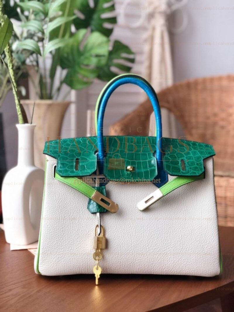 Replica Hermes White Green Birkin 30 Crocodile Leather Trim Gold Hardware Bag