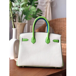 Replica Hermes White Green Birkin 30 Crocodile Leather Trim Gold Hardware Bag