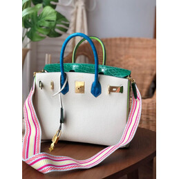 Replica Hermes White Green Birkin 30 Crocodile Leather Trim Gold Hardware Bag