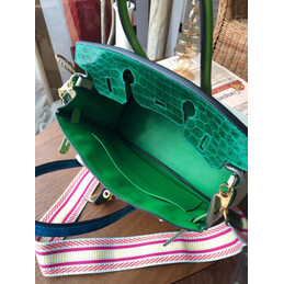 Replica Hermes White Green Birkin 30 Crocodile Leather Trim Gold Hardware Bag