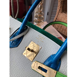 Replica Hermes White Green Birkin 30 Crocodile Leather Trim Gold Hardware Bag