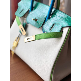 Replica Hermes White Green Birkin 30 Crocodile Leather Trim Gold Hardware Bag