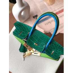 Replica Hermes White Green Birkin 30 Crocodile Leather Trim Gold Hardware Bag