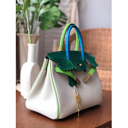 Replica Hermes White Green Birkin 30 Crocodile Leather Trim Gold Hardware Bag