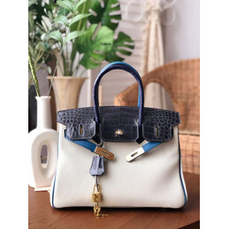Replica Hermes White Black Birkin 30 Crocodile Leather Trim Gold Hardware Bag