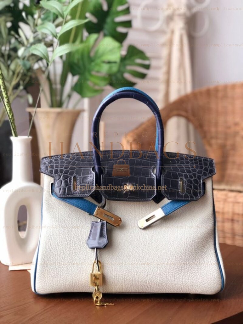 Replica Hermes White Black Birkin 30 Crocodile Leather Trim Gold Hardware Bag