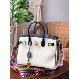 Replica Hermes White Black Birkin 30 Crocodile Leather Trim Gold Hardware Bag