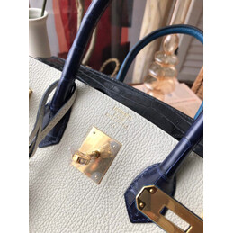 Replica Hermes White Black Birkin 30 Crocodile Leather Trim Gold Hardware Bag