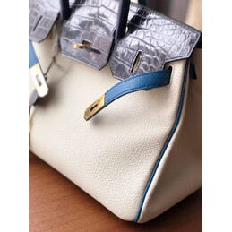 Replica Hermes White Black Birkin 30 Crocodile Leather Trim Gold Hardware Bag