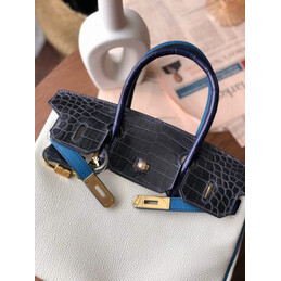 Replica Hermes White Black Birkin 30 Crocodile Leather Trim Gold Hardware Bag