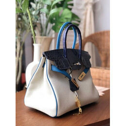 Replica Hermes White Black Birkin 30 Crocodile Leather Trim Gold Hardware Bag