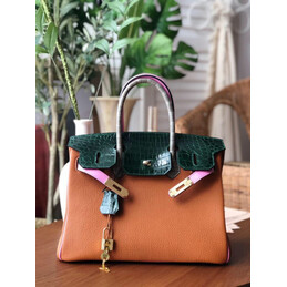 Replica Hermes Orange Green Birkin 30 Crocodile Leather Trim Gold Hardware Bag
