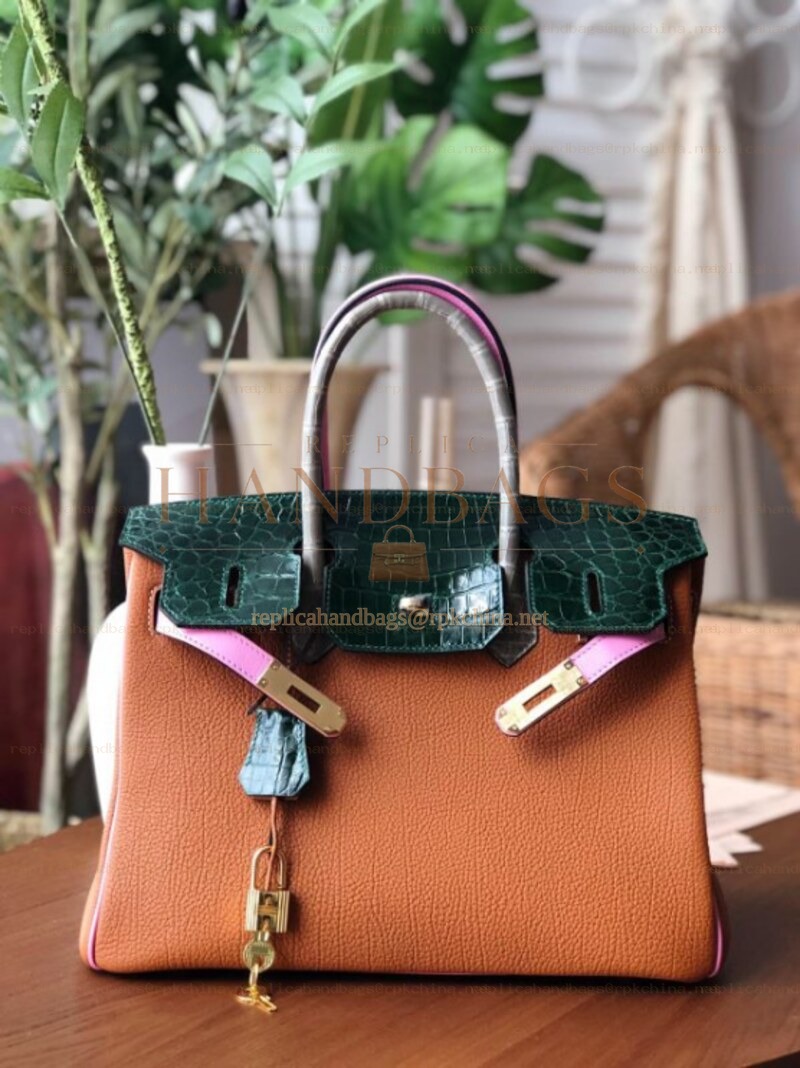 Replica Hermes Orange Green Birkin 30 Crocodile Leather Trim Gold Hardware Bag