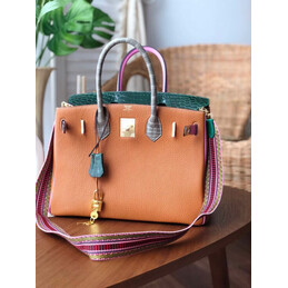 Replica Hermes Orange Green Birkin 30 Crocodile Leather Trim Gold Hardware Bag