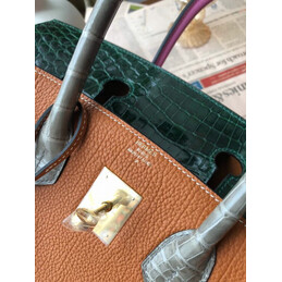 Replica Hermes Orange Green Birkin 30 Crocodile Leather Trim Gold Hardware Bag