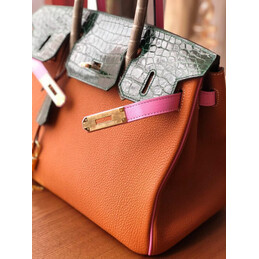 Replica Hermes Orange Green Birkin 30 Crocodile Leather Trim Gold Hardware Bag