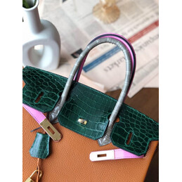 Replica Hermes Orange Green Birkin 30 Crocodile Leather Trim Gold Hardware Bag