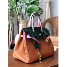 Replica Hermes Orange Green Birkin 30 Crocodile Leather Trim Gold Hardware Bag