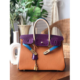 Replica Hermes Orange Purple Birkin 30 Crocodile Leather Trim Gold Hardware Bag