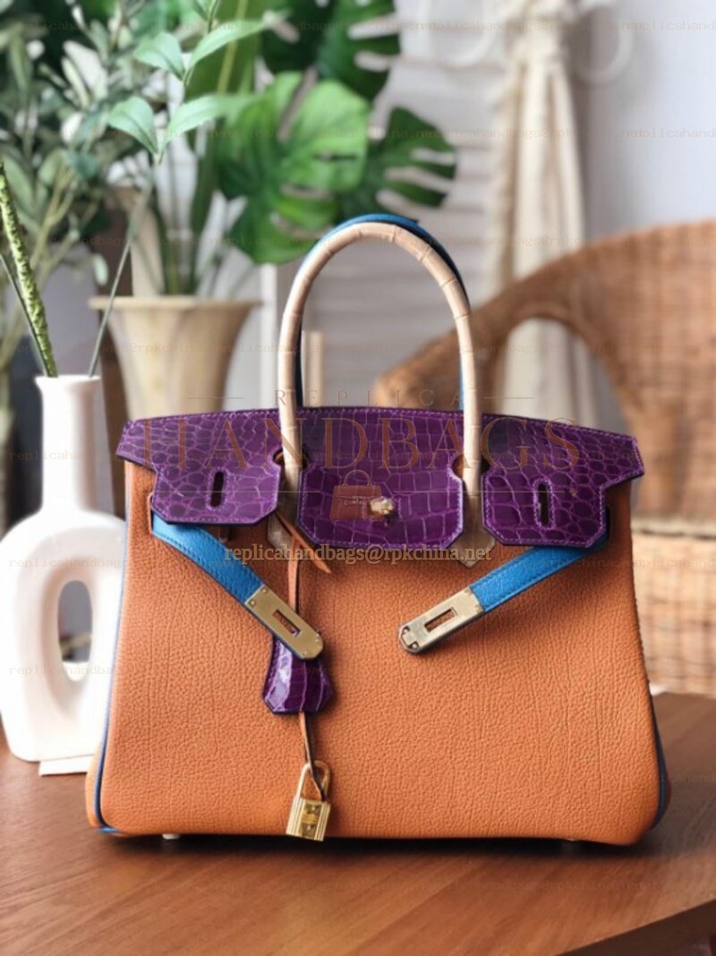 Replica Hermes Orange Purple Birkin 30 Crocodile Leather Trim Gold Hardware Bag
