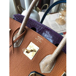 Replica Hermes Orange Purple Birkin 30 Crocodile Leather Trim Gold Hardware Bag