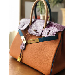 Replica Hermes Orange Purple Birkin 30 Crocodile Leather Trim Gold Hardware Bag