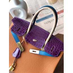 Replica Hermes Orange Purple Birkin 30 Crocodile Leather Trim Gold Hardware Bag