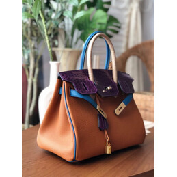 Replica Hermes Orange Purple Birkin 30 Crocodile Leather Trim Gold Hardware Bag
