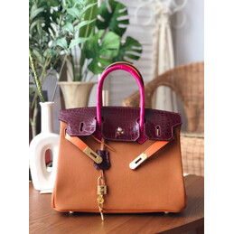 Replica Hermes Orange Burgundy Birkin 30 Crocodile Leather Trim Gold Hardware Bag