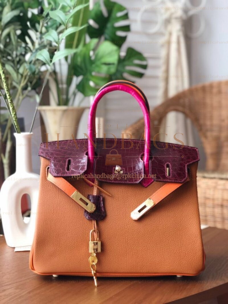 Replica Hermes Orange Burgundy Birkin 30 Crocodile Leather Trim Gold Hardware Bag