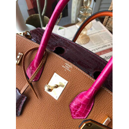 Replica Hermes Orange Burgundy Birkin 30 Crocodile Leather Trim Gold Hardware Bag