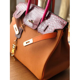 Replica Hermes Orange Burgundy Birkin 30 Crocodile Leather Trim Gold Hardware Bag