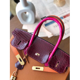 Replica Hermes Orange Burgundy Birkin 30 Crocodile Leather Trim Gold Hardware Bag