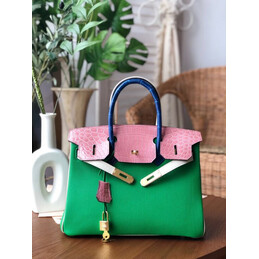 Replica Hermes Green Pink Birkin 30 Crocodile Leather Trim Gold Hardware Bag