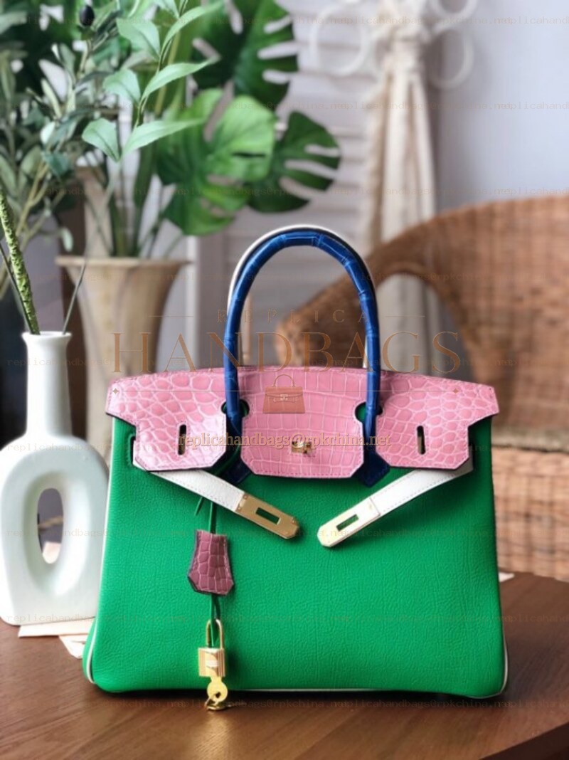 Replica Hermes Green Pink Birkin 30 Crocodile Leather Trim Gold Hardware Bag