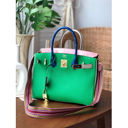 Replica Hermes Green Pink Birkin 30 Crocodile Leather Trim Gold Hardware Bag