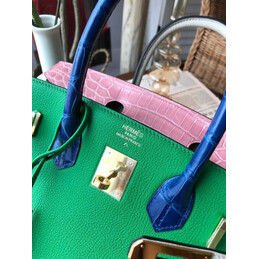 Replica Hermes Green Pink Birkin 30 Crocodile Leather Trim Gold Hardware Bag