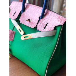 Replica Hermes Green Pink Birkin 30 Crocodile Leather Trim Gold Hardware Bag