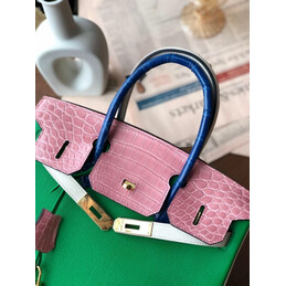 Replica Hermes Green Pink Birkin 30 Crocodile Leather Trim Gold Hardware Bag