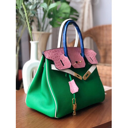 Replica Hermes Green Pink Birkin 30 Crocodile Leather Trim Gold Hardware Bag