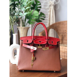 Replica Hermes Brown Red Birkin 30 Crocodile Leather Trim Gold Hardware Bag