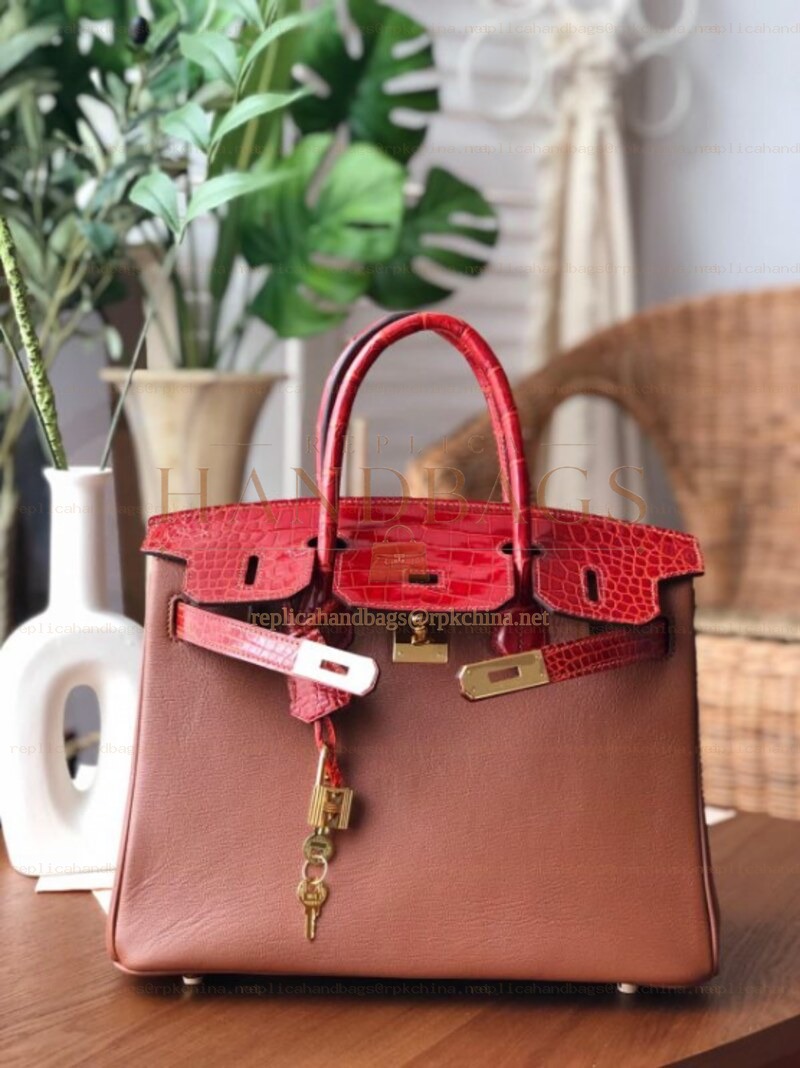Replica Hermes Brown Red Birkin 30 Crocodile Leather Trim Gold Hardware Bag