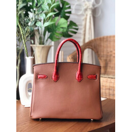 Replica Hermes Brown Red Birkin 30 Crocodile Leather Trim Gold Hardware Bag